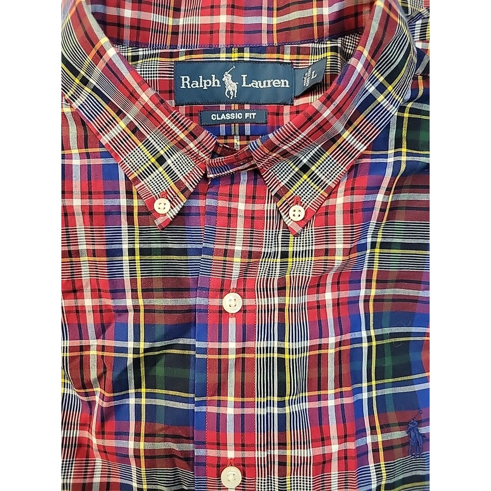 Ralph Lauren Mens Shirt L Red Blue Yellow Plaid Button Long Sleeve 100% Cotton